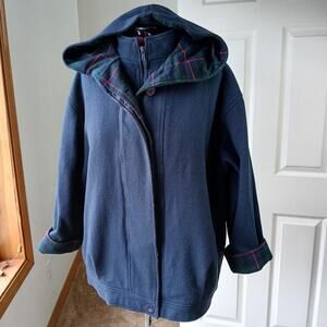 Herman Kay Wool Hooded Bib Jacket 16 Vintage 90s? warm coat navy plaid lined